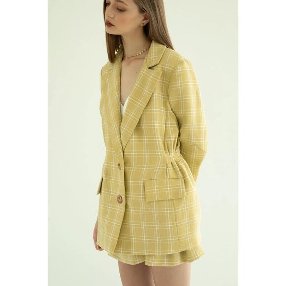 Onarin Blazer Yellow Print Plaid Cinched Button Down Lined Jacket - Picture 1 of 9